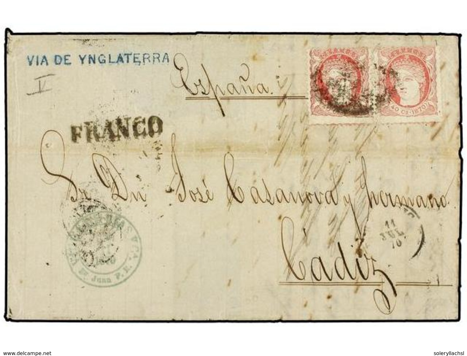 1095 PUERTO RICO. Ant.21 (2). 1870. S. JUAN A CADIZ.<B> 40 Cts.</B> Rosa (2) Circulado Por La Via Inglesa, Fechador De L - Other & Unclassified