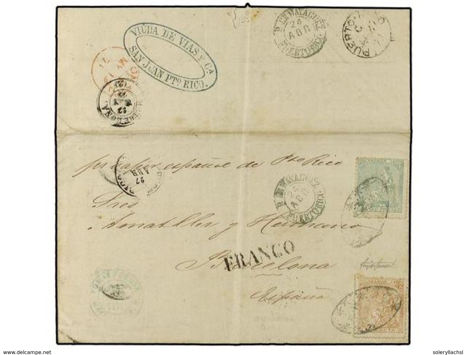 1096 COLONIAS ESPAÑOLAS: PUERTO RICO. Ant.23,24. 1871. MAYAGUEZ A BARCELONA (España). <B>50 Cts.</B>verde Y <B>1 Pta.</B - Sonstige & Ohne Zuordnung