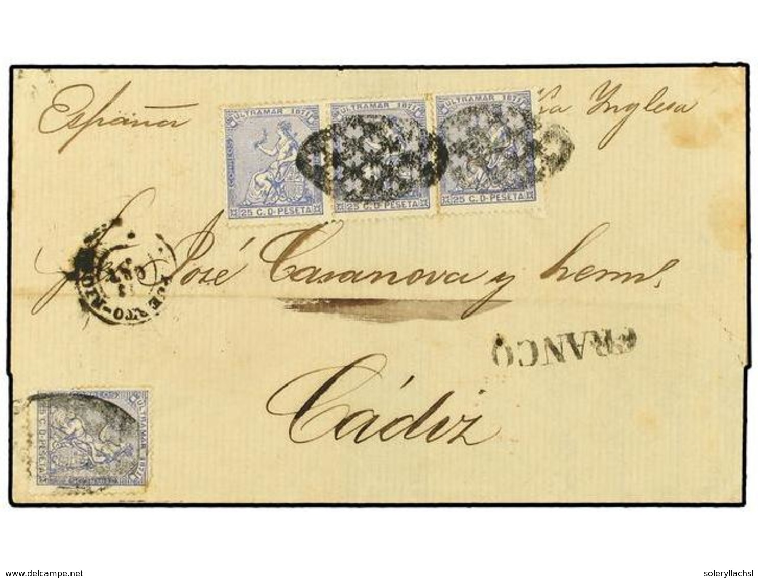 1097 COLONIAS ESPAÑOLAS: PUERTO RICO. Ant.22 (4). 1872. S. JUAN A CADIZ. <B>25 Cts.</B> Ultramar (4) Un Sello Defecto En - Otros & Sin Clasificación