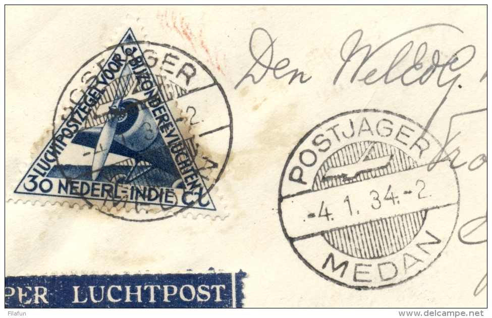 Nederlands Indië - 1934 - Serie Crisiswerk Op LP-cover Met Postjager/Medan Naar Egmond Aan Zee - Nederlands-Indië