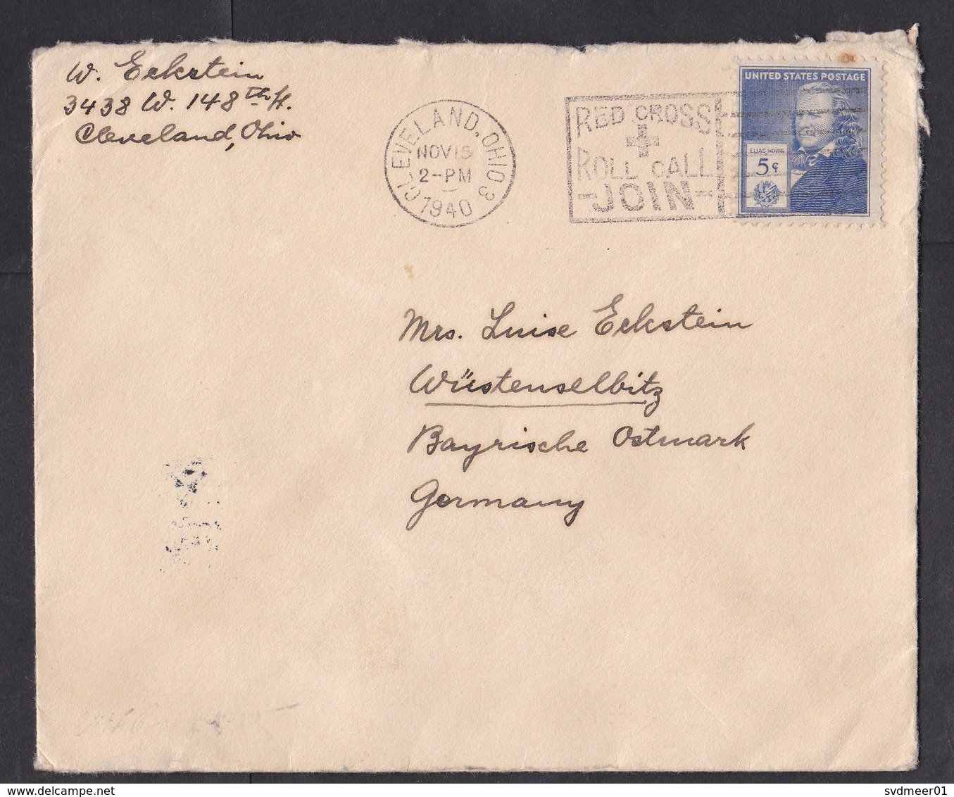 USA: Cover To Germany, 1940, 1 Stamp, Cancel Red Cross, Censored, German Censor Tape, World War, WW2 (minor Damage) - Briefe U. Dokumente