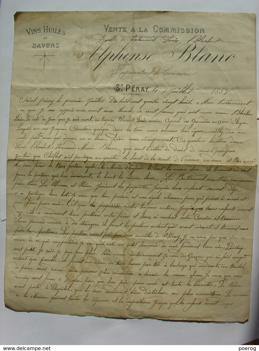 TESTAMENT MANUSCRIT 1888 LOUIS BLACHET SAINT PERAY ARDECHE PAPIER ALPHONSE BLANC VENTE VINS HUILES SAVON GENEALOGIE - Manuscritos