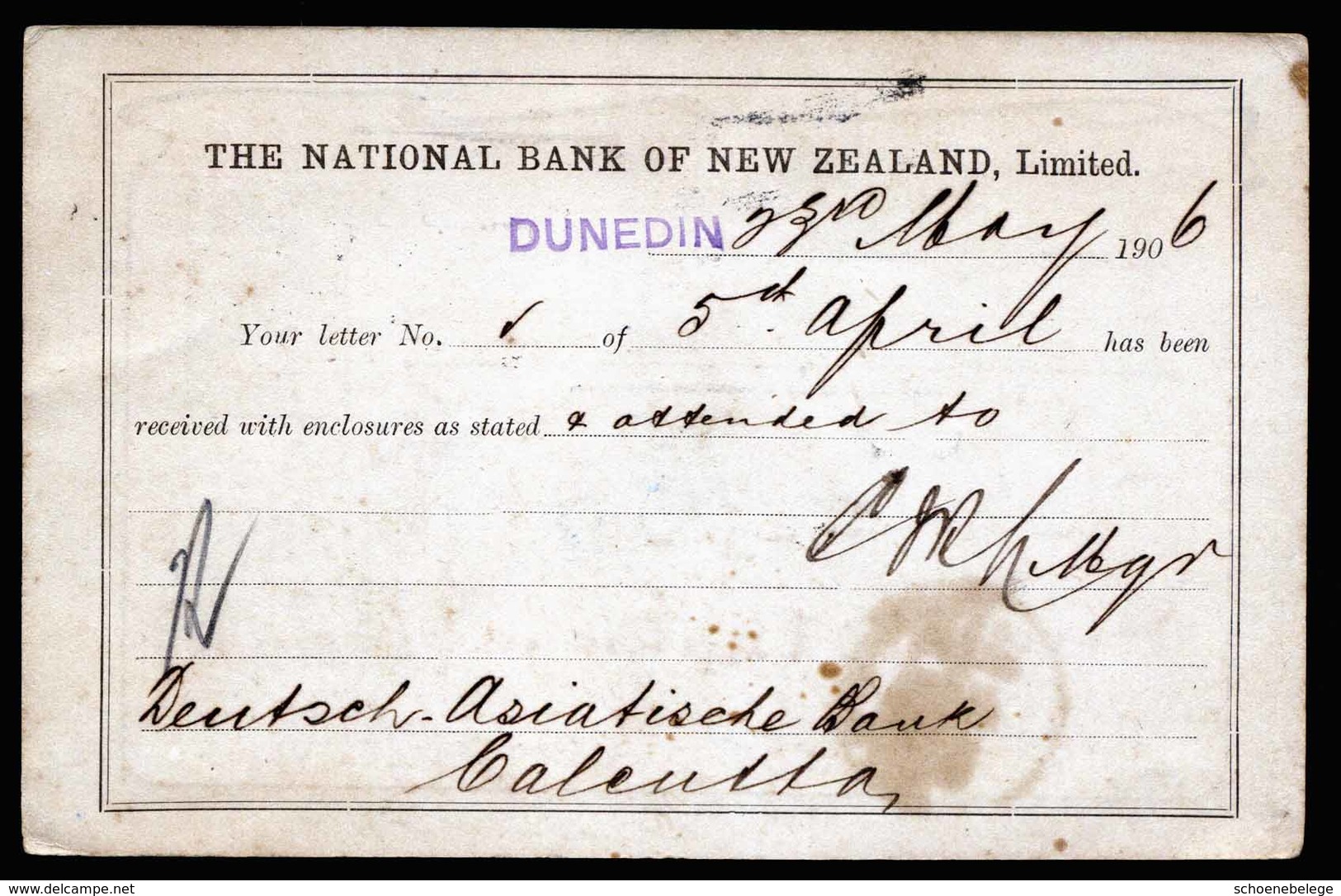 A5370) Neuseeland New Zealand Bankkarte 23.05.06 N. Calcutta / India - Covers & Documents
