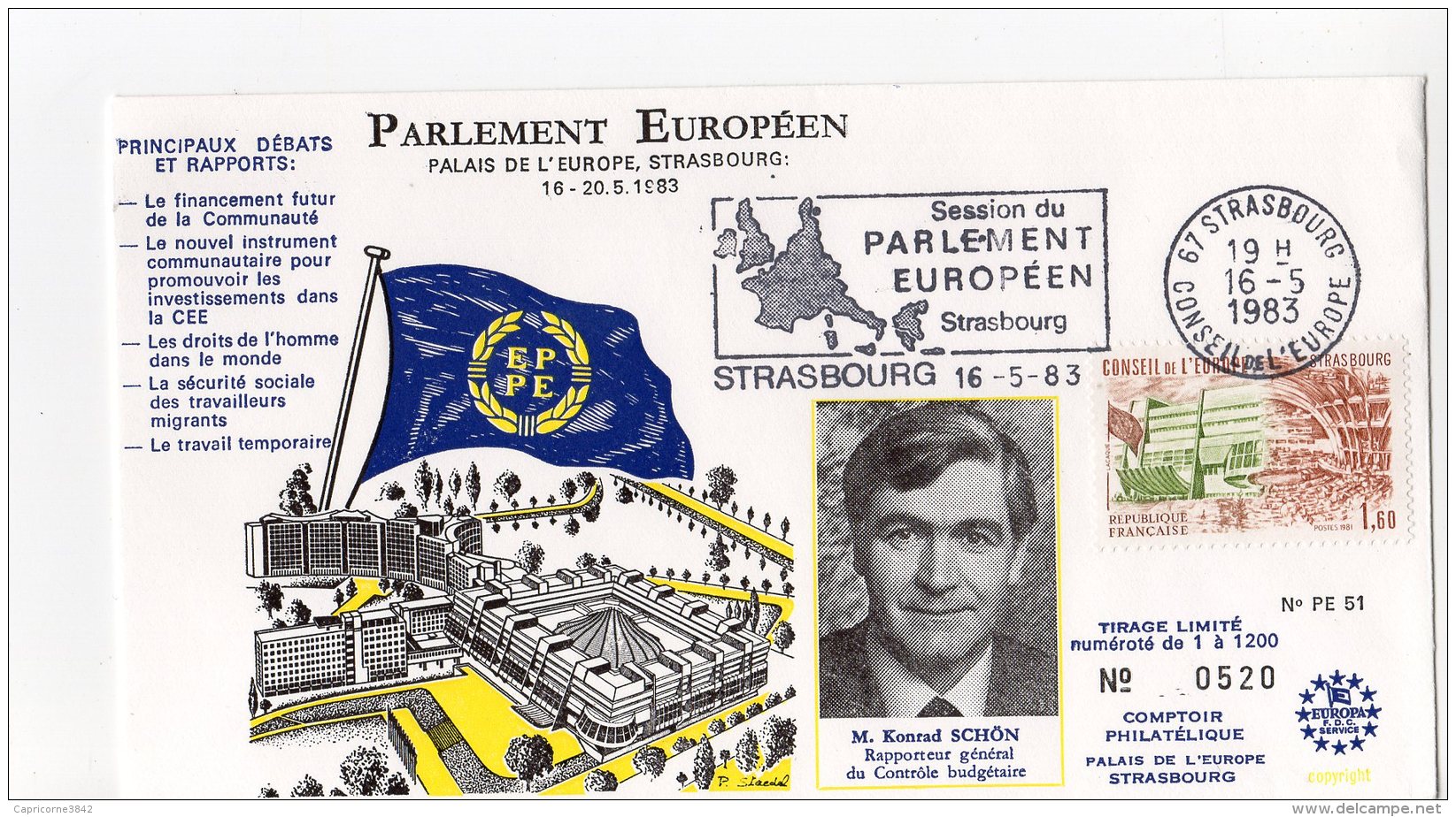 1983 - Strasbourg - Conseil De L'Europe - Parlement Européen - Mr Konrad SCHÖN - Rapporteur Gal Du Contrôle Budgétaire - Instituciones Europeas