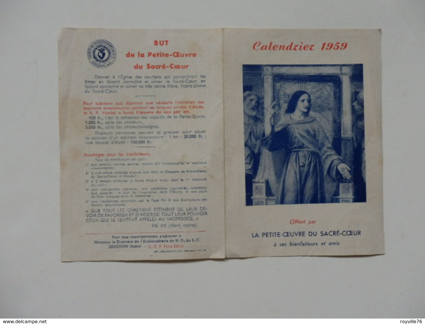 Petit Calendrier 1939 De La Petite-oeuvre Du Sacré-Coeur à Issoudun (Indre). - Petit Format : 1941-60