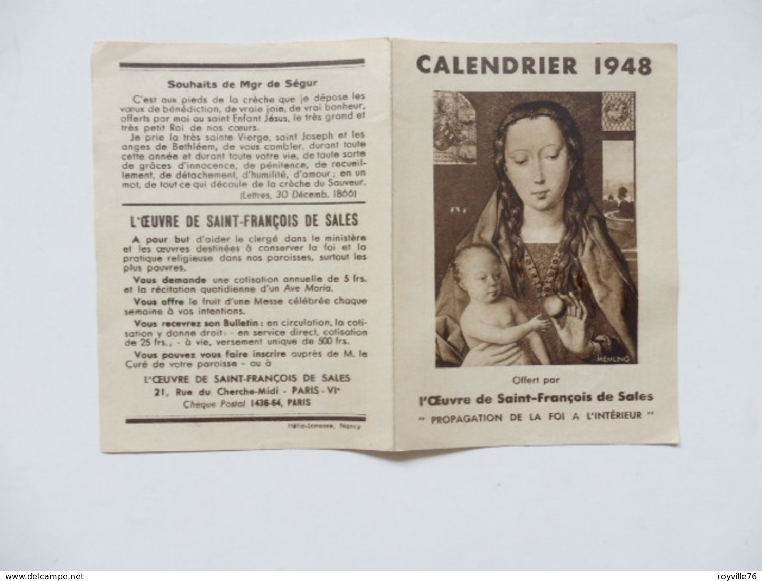 Petit Calendrier 1948 Offert Par L'oeuvre De Saint-François De Sales 21, Rue Du Cherche-Midi à Paris 6éme. - Petit Format : 1941-60