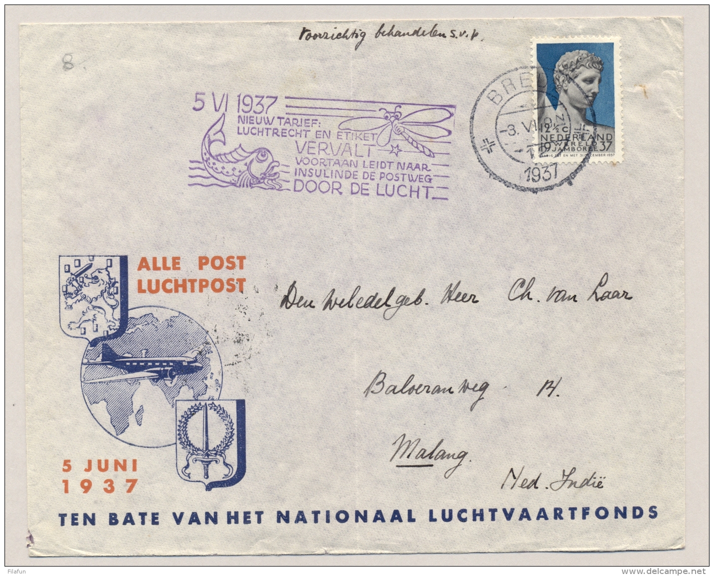 Nederland / Nederlands Indië - 1937 - 12,5c Jamboree Zegel Op LP-cover Van Breda Naar Malang/7 - Netherlands Indies