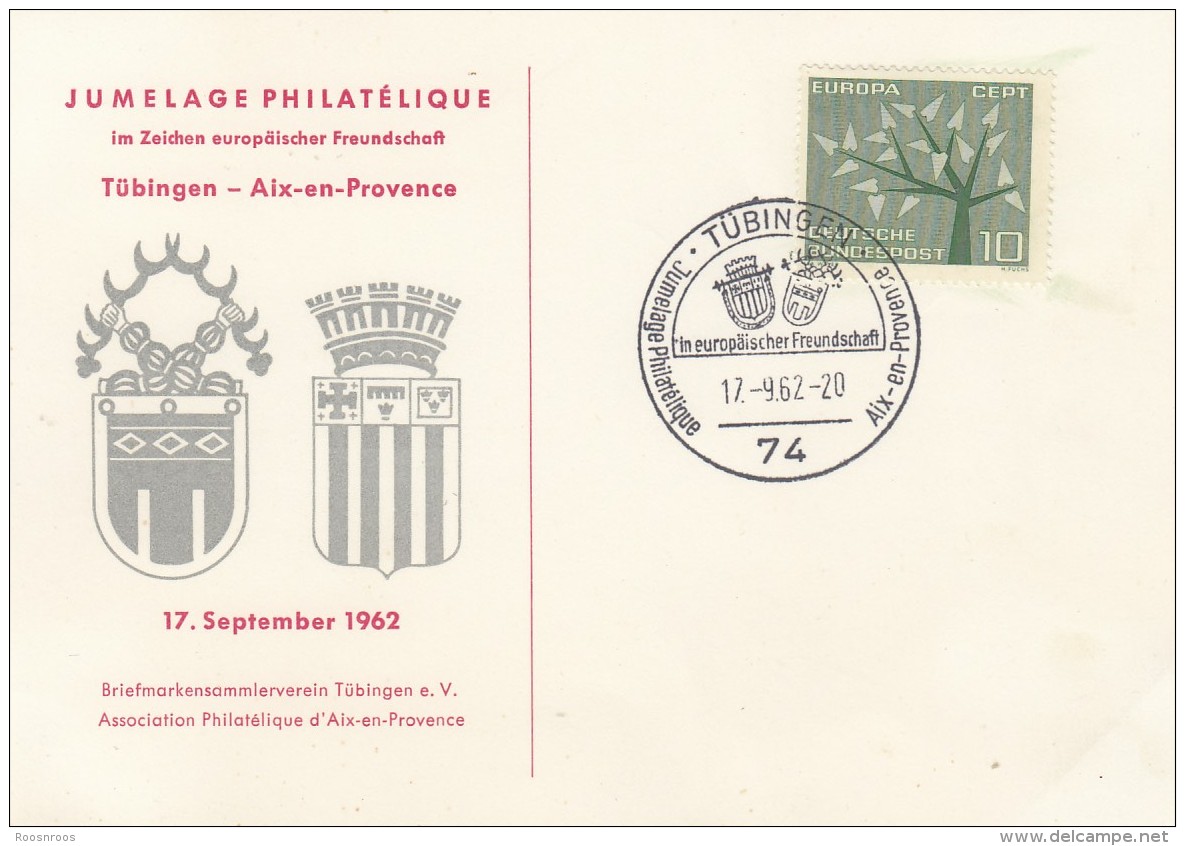 CARTE JUMELAGE PHILATELIQUE AIX EN PROVENCE TUBINGEN 1962 EUROPAISCHER FREUNDSCHAFT - Unclassified