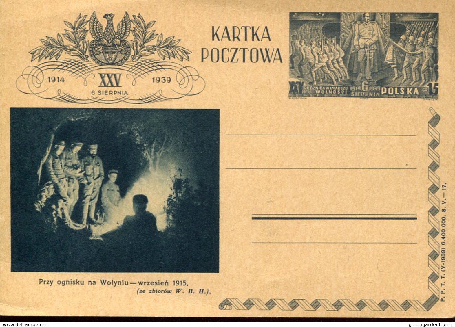 32842 Poland,stationery Card  15gr. 1939 Przy Ognisku Na Wolyniu Wrzesien 1915 - Ganzsachen