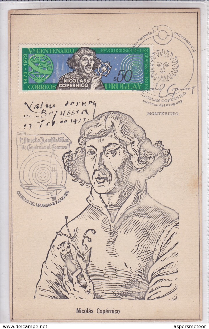 URUGUAY. NICOLAS COPERNICO, 5TO CENTENARIO, FDC. 1RA MUESTRA AEROFILATELICA COPERNICO AL COSMOS-CARD-TBE-BLEUP - Uruguay