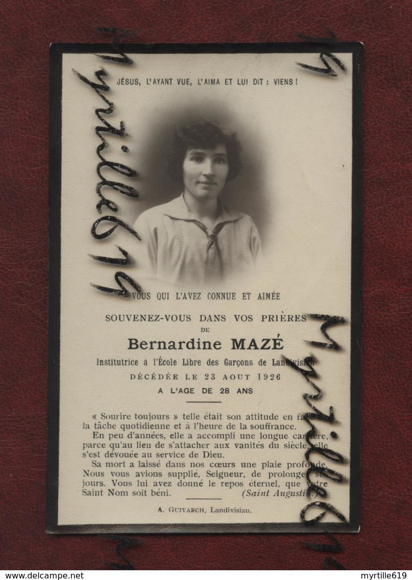 Faire-part De Décès - Institutrice Ecole Libre Des Garçons - Landivisiau - 1926 - Memento Bernardine Mazé - Obituary Notices