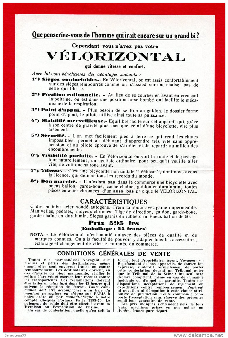 Flyers 21 Cm X 13,5 Cm (Réf C198) (VIEUX PAPIERS) PUBLICITÉ - LE VÉLO HORIZONTAL - Publicités