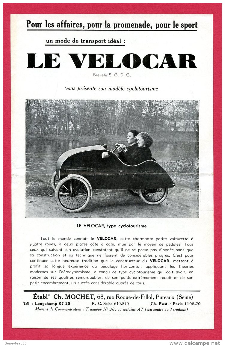 Flyers 21,5 Cm X 14 Cm (Réf C199) (VIEUX PAPIERS) PUBLICITÉ - LE VÉLOCAR - Advertising