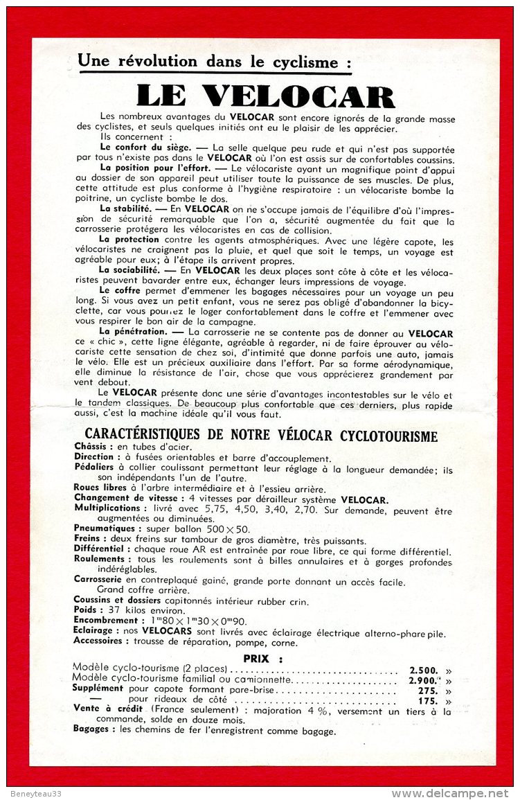 Flyers 21,5 Cm X 14 Cm (Réf C199) (VIEUX PAPIERS) PUBLICITÉ - LE VÉLOCAR - Publicidad