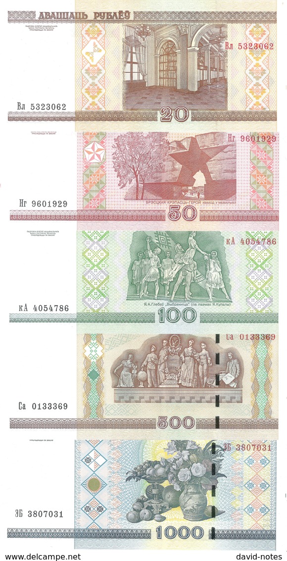 Belarus - Pick 24 To 28b - 20, 50, 100, 500, 1000 Rublei 2000 - 2011 - Unc - Set 5 Banknotes - Belarus