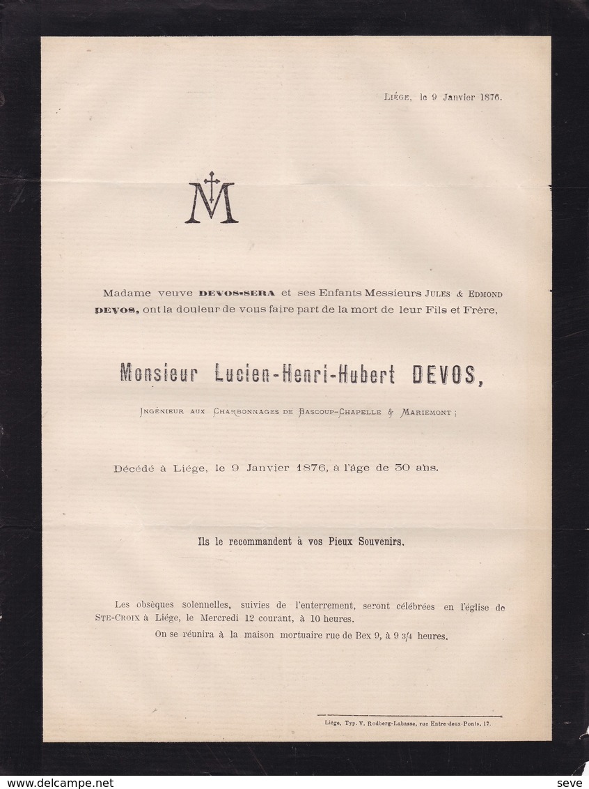 LIEGE MORLANWELZ Lucien DEVOS 30 Ans 1876 Ingénieur Charbonnages De BASCOUP-CHAPELLE Et MARIEMONT Famille SERA - Obituary Notices