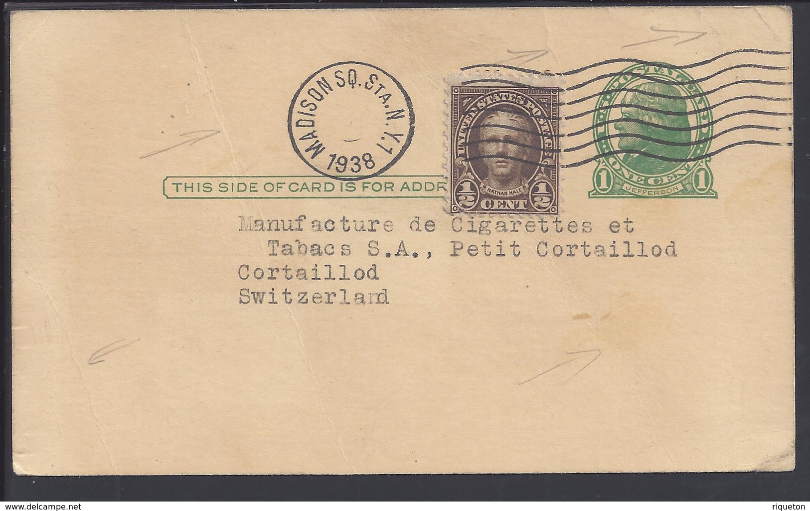 ETATS-UNIS - 1938 - Entier Postal 1 Cent Jefferson + 1/2 Ct. De Madison SQ. Garden Vers Cortaillod (Suisse) - 1921-40