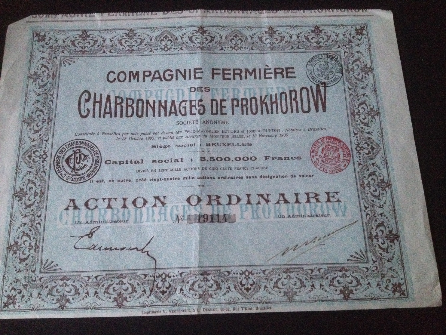 Action Compagnie Fermière Des Charbonnages De Prokhorow - Mines