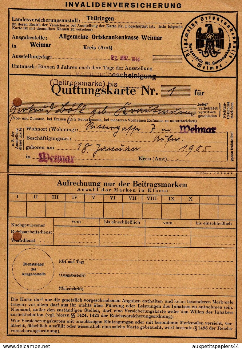 Invalidenversicherung De Thüringen Du 27.03.1944 - III Reich & Carte D'Assurance-Invalidité - Documents Historiques