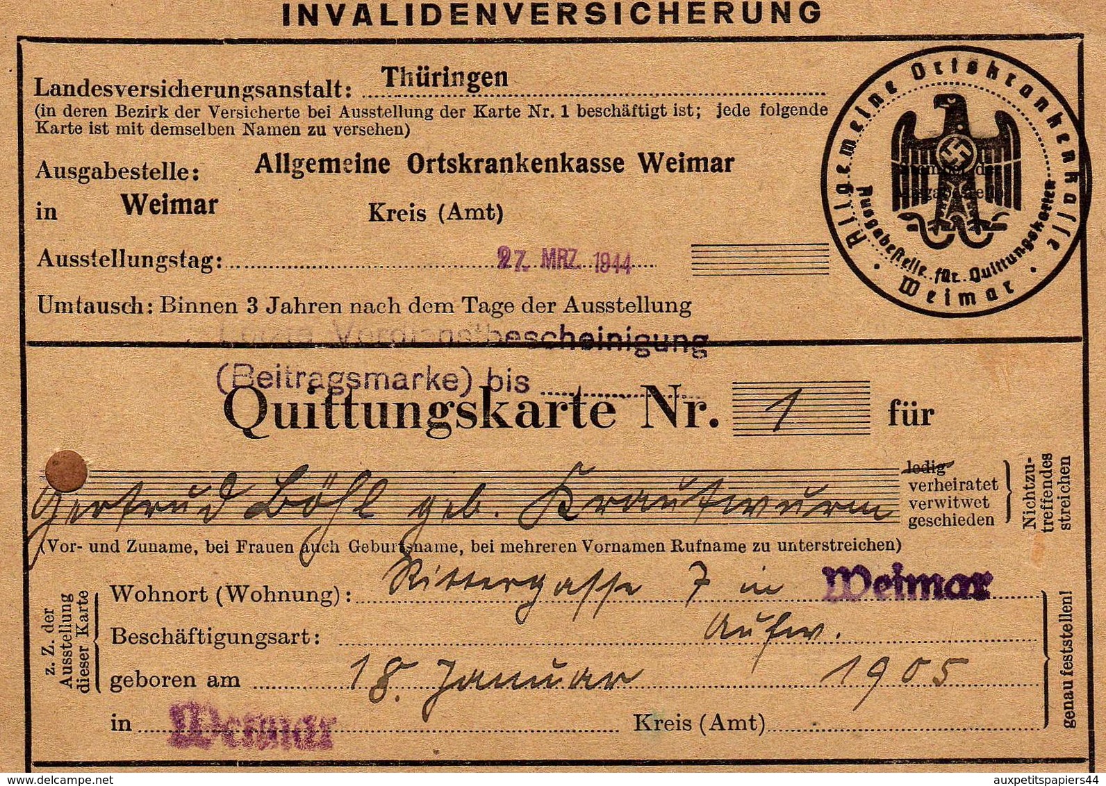 Invalidenversicherung De Thüringen Du 27.03.1944 - III Reich & Carte D'Assurance-Invalidité - Documents Historiques