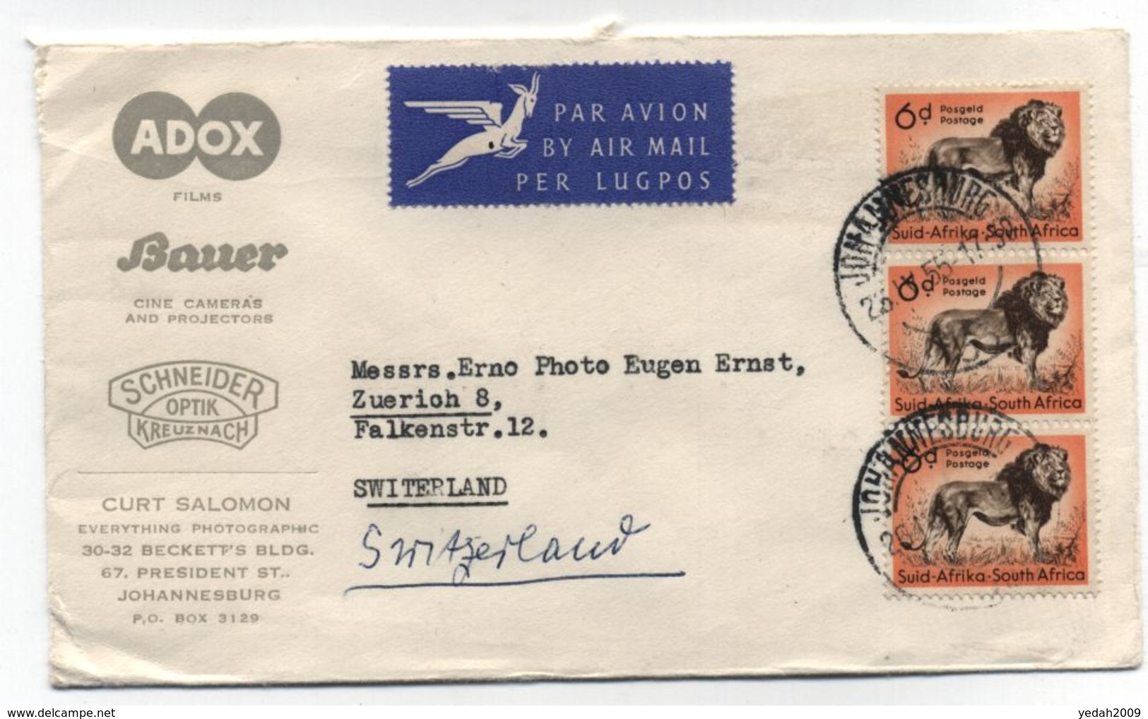 South Africa/Switzerland LION AIRMAIL COVER 1955 - Luftpost