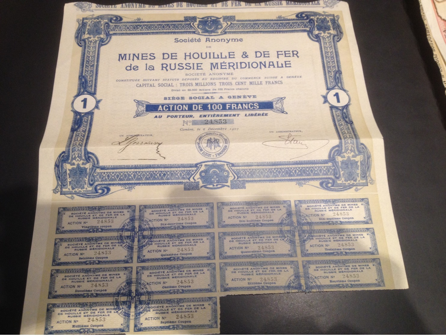 Action Mines De Houille Et De Fer De La Russie Méridionale 1907 - Mines