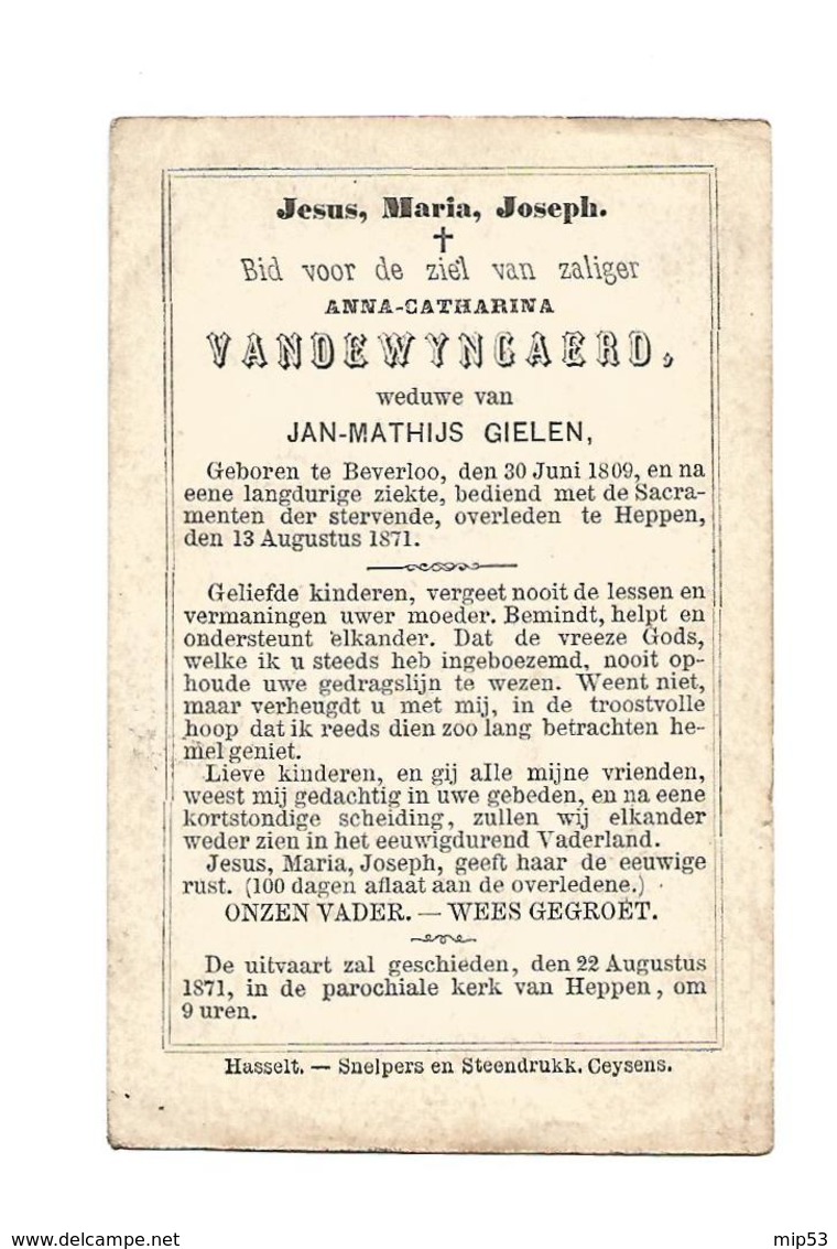 D 150. ANNA-C. VANDEWYNGAERD Wed. J. Gielen - ° BEVERLOO 1809 / +HEPPEN 1871 - Images Religieuses