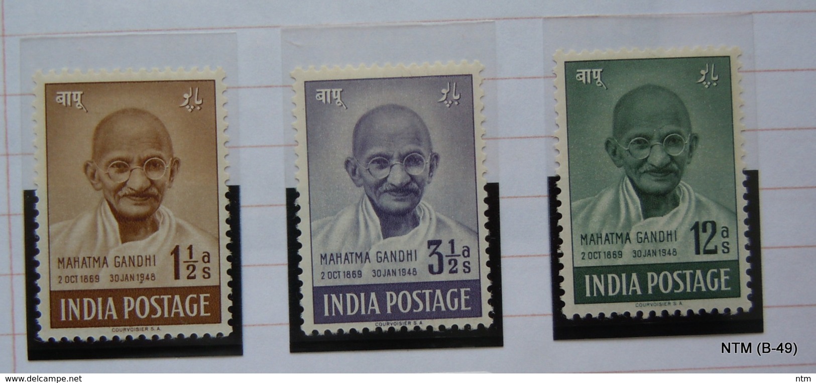 INDIA Year 1948, Mahatma Gandhi 3 (MH) Stamps, 1 1/2 As; 3 1/2 As; 12 As. SG 305-307 - Ungebraucht