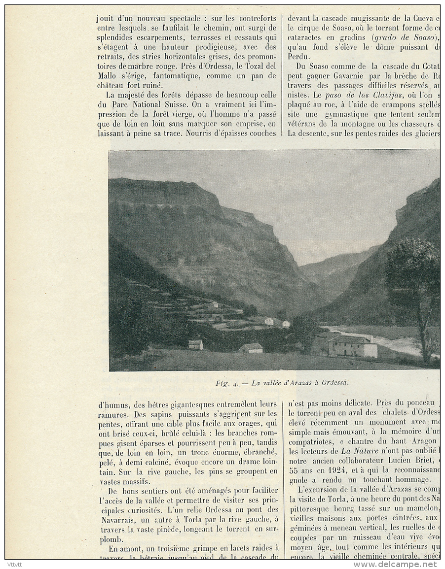 1925 : Document, LA VALLEE D'ARAZAS (3 Pages Illustrées) Espagne, Ordessa, Soaso, Mont Perdu, Lucien Briet, Tozal Mallo - Non Classés