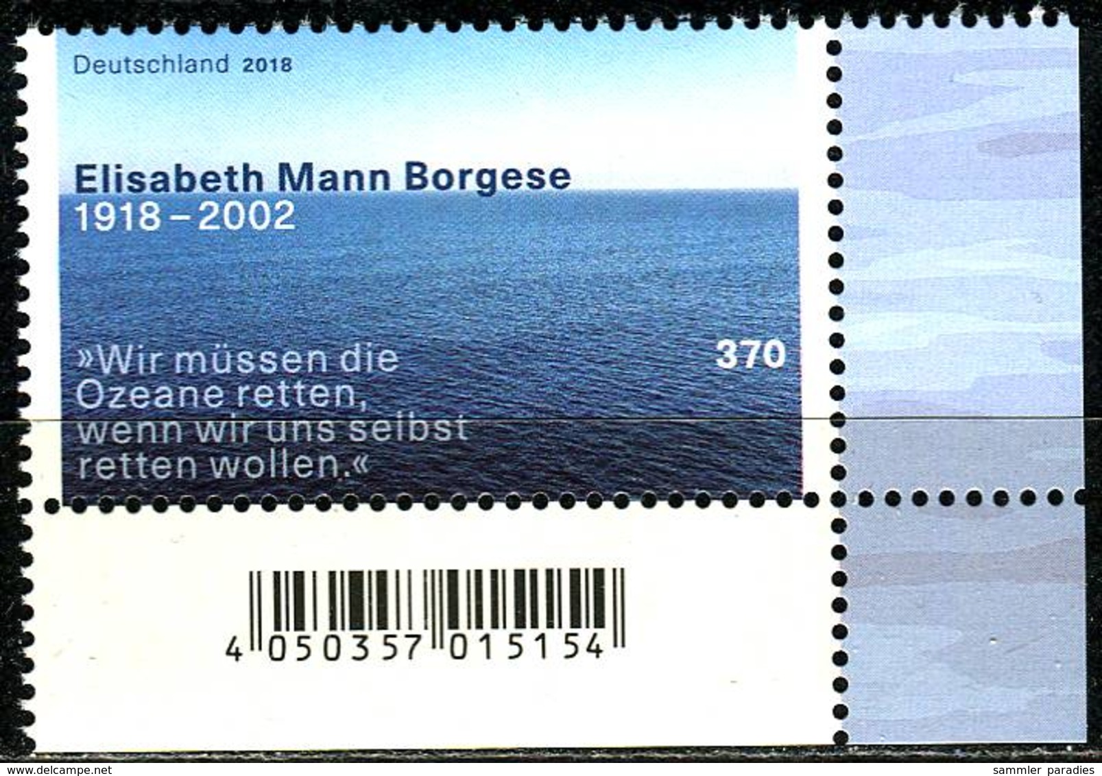 BRD - Mi 3375 ECKE REU - ** Postfrisch (H) - 370C         Elisabeth Mann Borgese - Ausgabe: 12.04.2018 - Ungebraucht