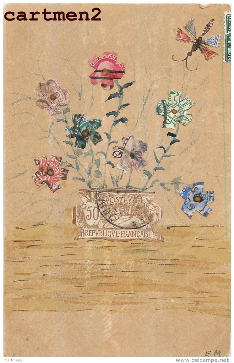 CARTE POSTALE FAITE AVEC DES TIMBRES STAMP FLEURS - Postzegels (afbeeldingen)