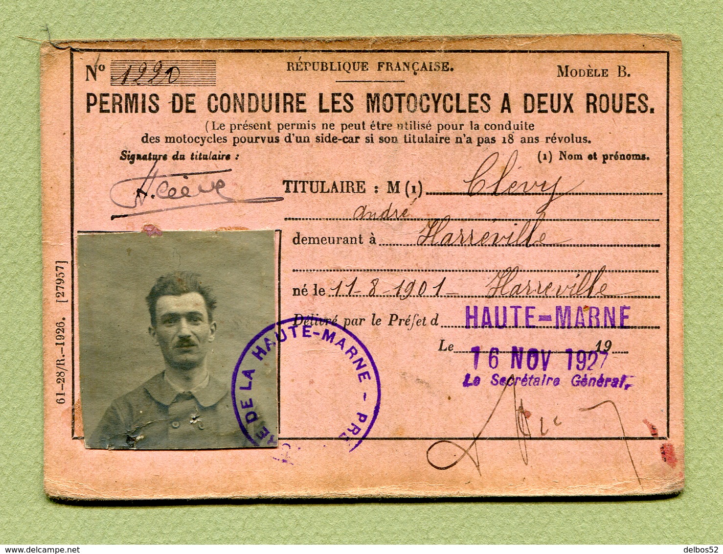 HARREVILLE-LES-CHANTEURS  (52) : " PERMIS DE CONDUIRE LES MOTOCYCLES A DEUX ROUES " 1927 - Autres & Non Classés