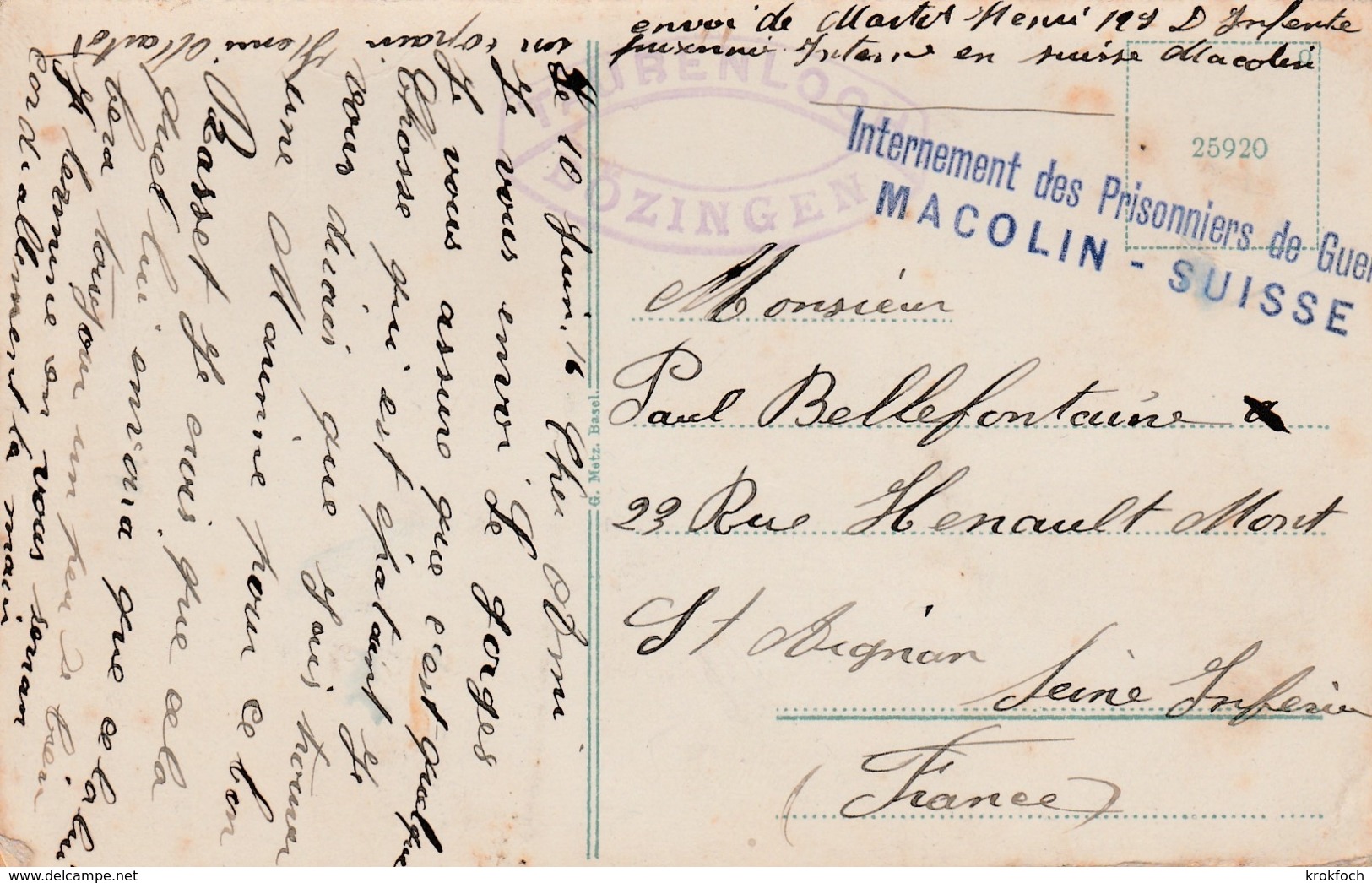 Macolin Suisse - Prisonniers De Guerre 1916 - Carte Pour La France - Taurenloch Bozingen - Postmark Collection