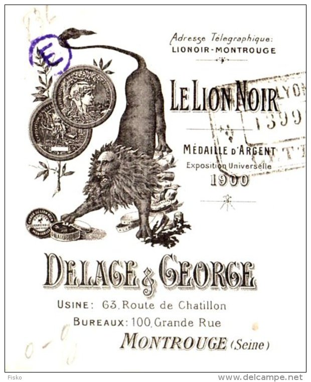 DELAGE &amp; GEORGE    Cirage "Le Lion Noir"        MONTROUGE (Seine)  TOP Illustration 1906 - Lettres De Change