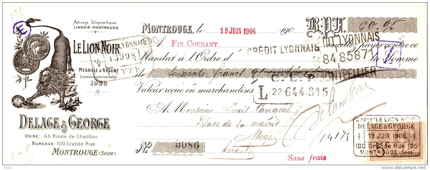 DELAGE &amp; GEORGE    Cirage "Le Lion Noir"        MONTROUGE (Seine)  TOP Illustration 1906 - Lettres De Change