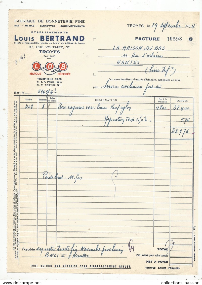 Facture , 1963 , Fabrique De Bonneterie Fine , Louis Bertrand , TROYES , Aube, Frais Fr 1.45e - 1950 - ...