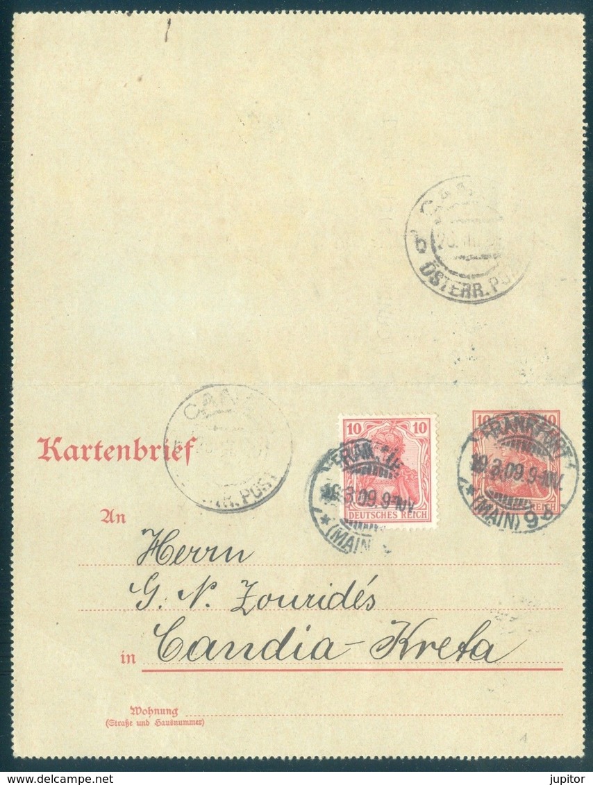 Germany Frankfurt 1909 Postal Card To Candia Crete Greece Austrian Post - Covers & Documents