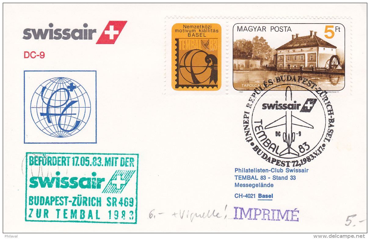 Befürdet 171.05.83, Mit Der Swissair, Budapest-Zürich SR 469, Zur Tembal 1983, Avec Vignette - Autres & Non Classés