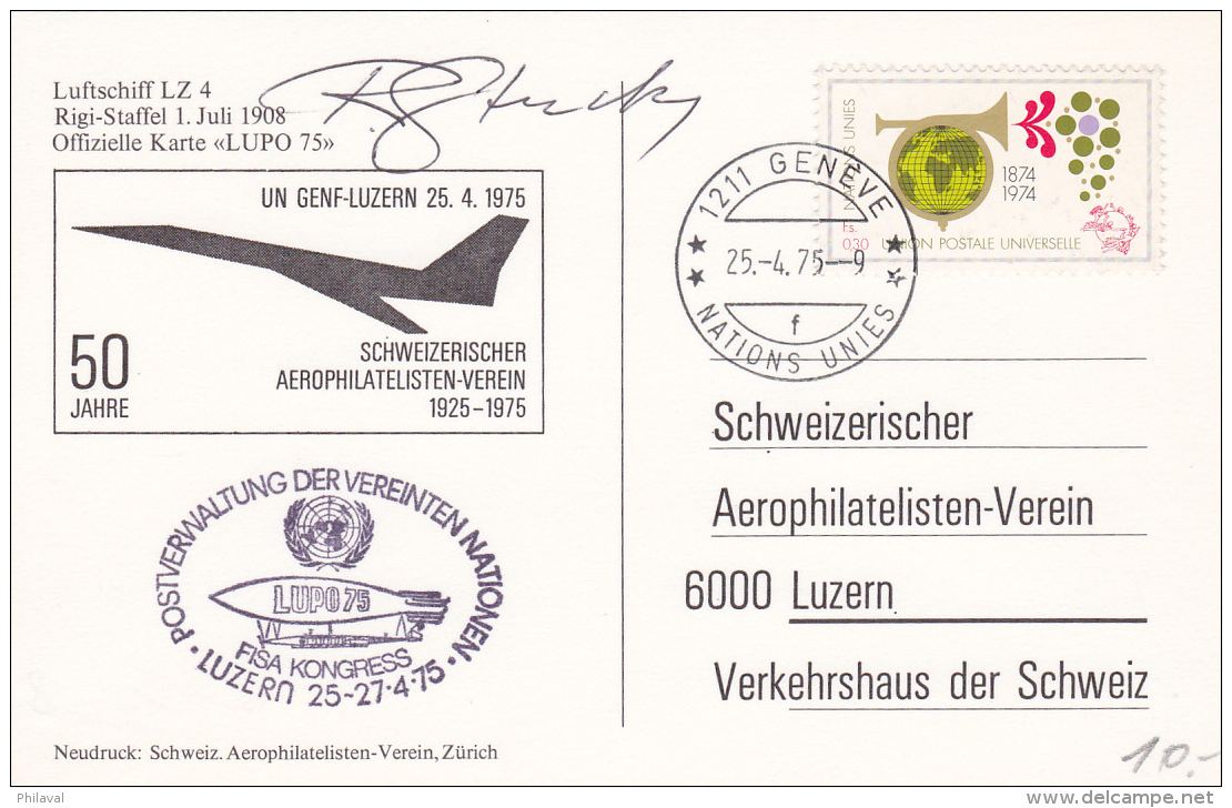 Riggi-Staffel, Zeppelin Ballon : 50 Jahre  Schweizerischer Aerophilatelisten-Verein, UN GENF-LUZERN 25.4.1975 - Other & Unclassified