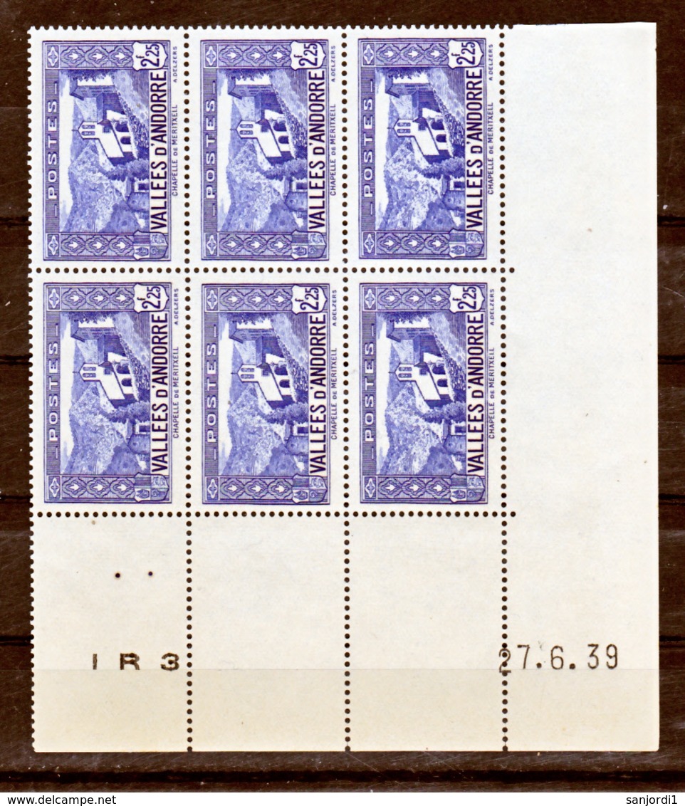 Andorre  84 Bloc De 6 Coin Daté 27 6 39 Marge Inf Détachée Sur 3 4 Dents Vert  Neuf ** TB MNH Sin Charmela - Neufs