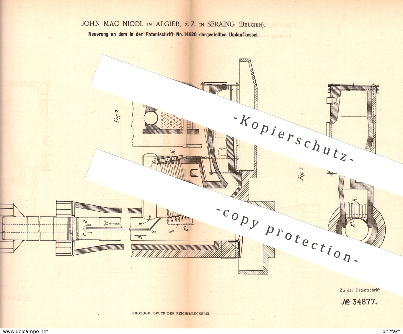 Original Patent - John Mac Nicol , Algier | Seraing / Belgien , 1885 , Umlaufkessel | Dampfkessel , Wasser - Kessel !! - Historische Dokumente