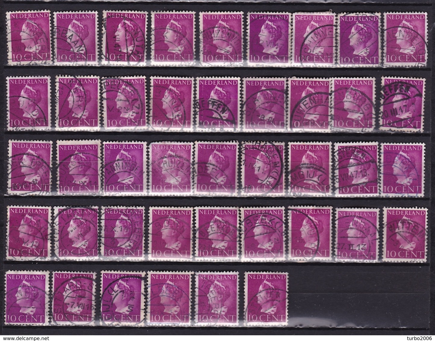 Nog Uit Te Zoeken STEMPELS Op 1940-47 Koningin Wilhelmina 10 Cent Violet NVPH 335 (42 X) Zie Scan ! - Poststempels/ Marcofilie