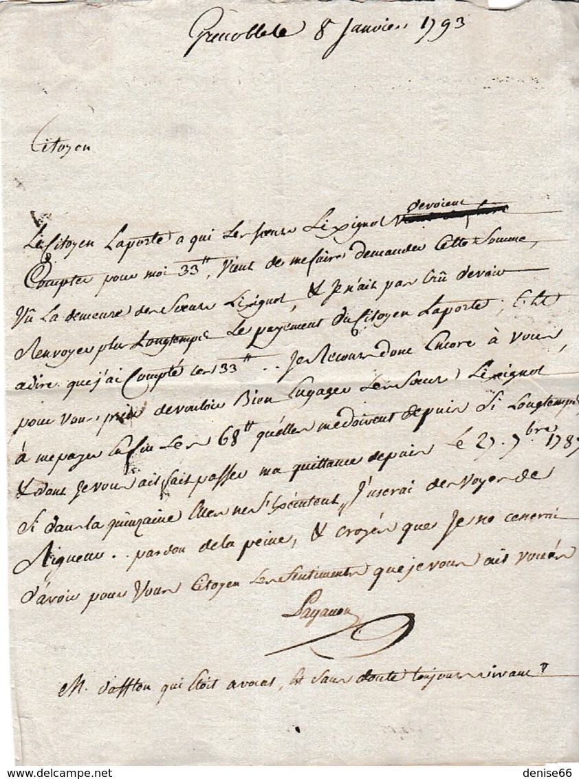 1793 - GRENOBLE - L.A.S. PAGANON Au Citoyen FORQUET, Juge Au Tribunal De MONTELIMAR (26) - Historische Documenten