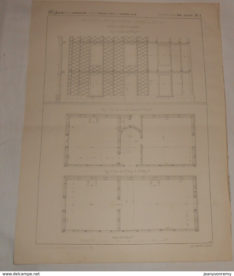 Plan De Maisons En Fer Avec Plâtre, Ciment Ou Béton. Système Lacroix, Architecte. 1864 - Opere Pubbliche