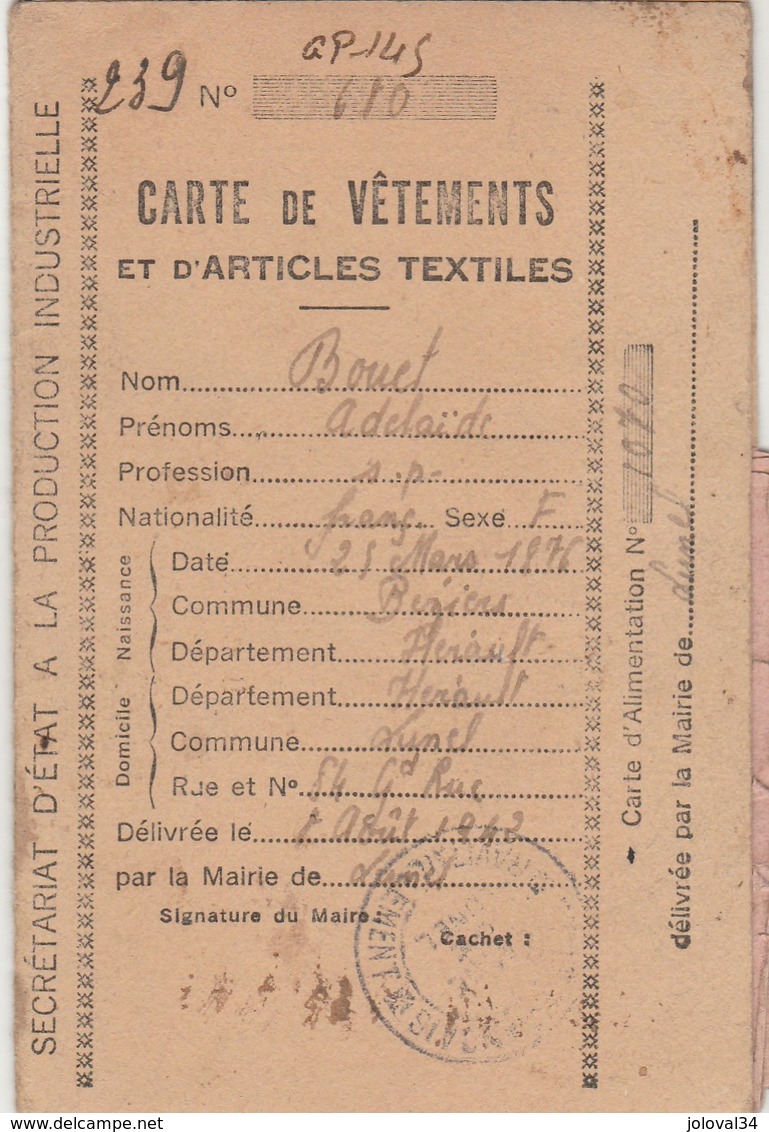 Guerre 1939 45 - Rationnement Carte Vêtements Et Articles Textiles N° 610 Mairie De Lunel Hérault - 1942 - Documents Historiques