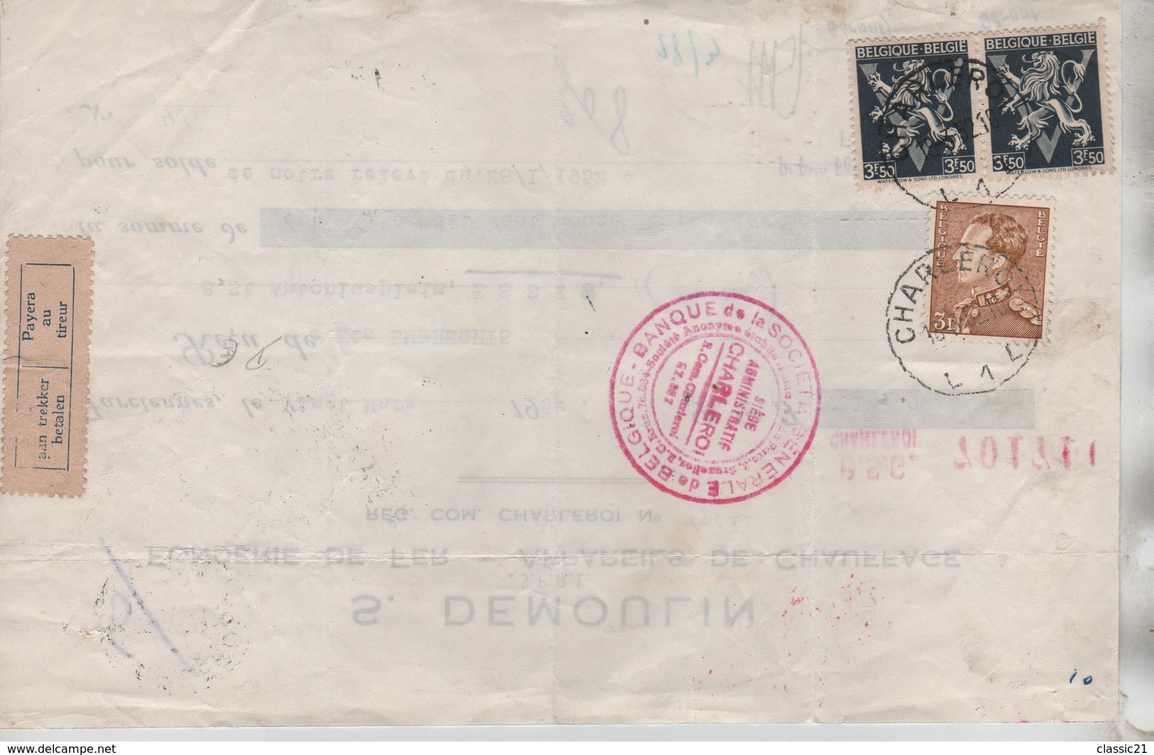 TP 687(paire) Rare S/document-847 S/reçu De 7812,20 Frs Rédigé à Farciennes 20/3/1952 C.Charleroi 13/3/52 1806 - Cartas & Documentos