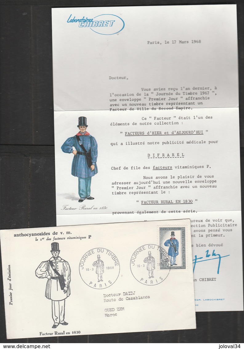 Publicité Laboratoires CHIBRET - Lettre Journée Du Timbre Paris 1968 Facteur Rural - Autres & Non Classés