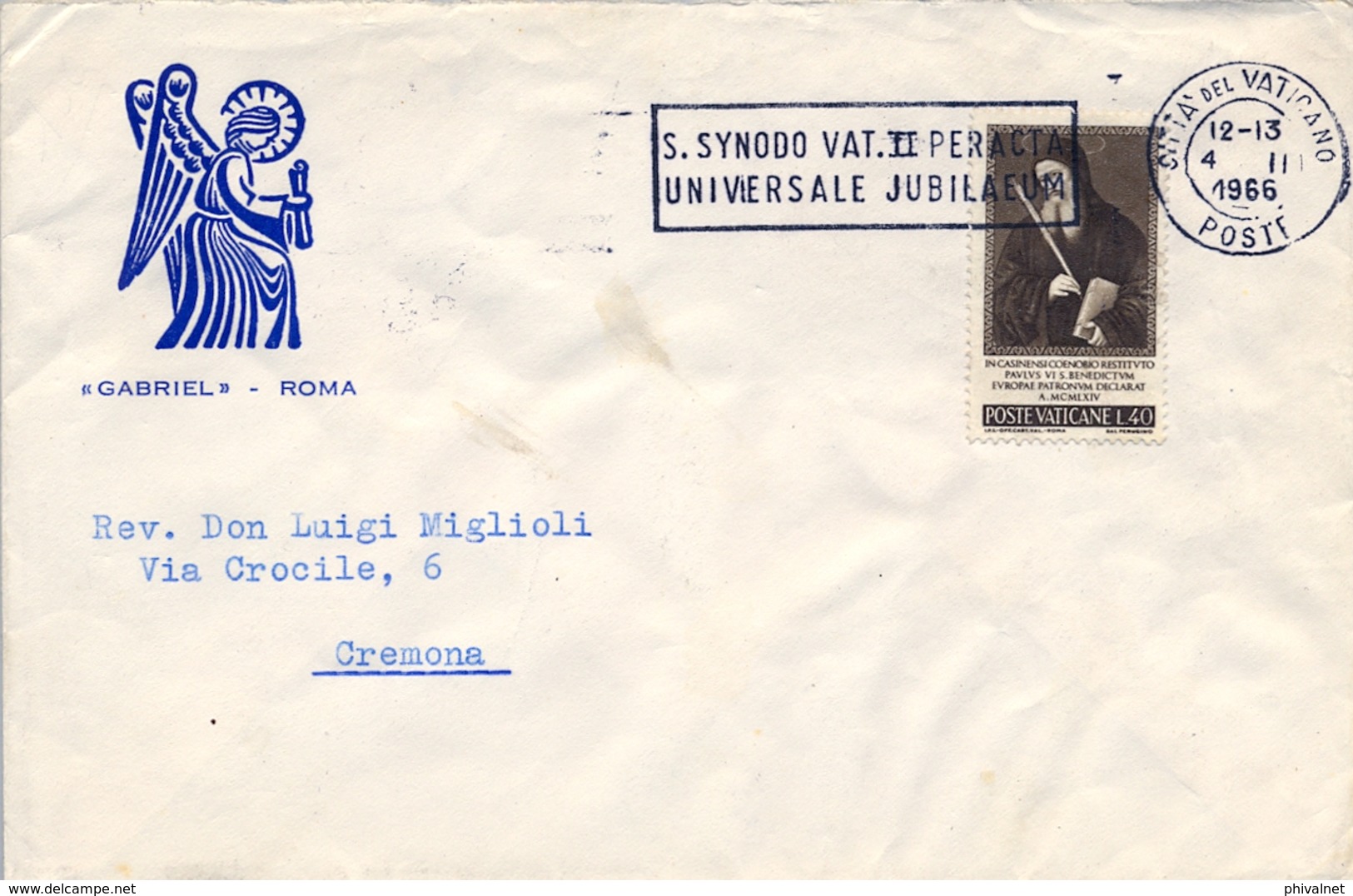 1966 , VATICANO , SOBRE CIRCULADO A CREMONA , JUBILEO UNIVERSAL , SINODO VATICANO II - Covers & Documents