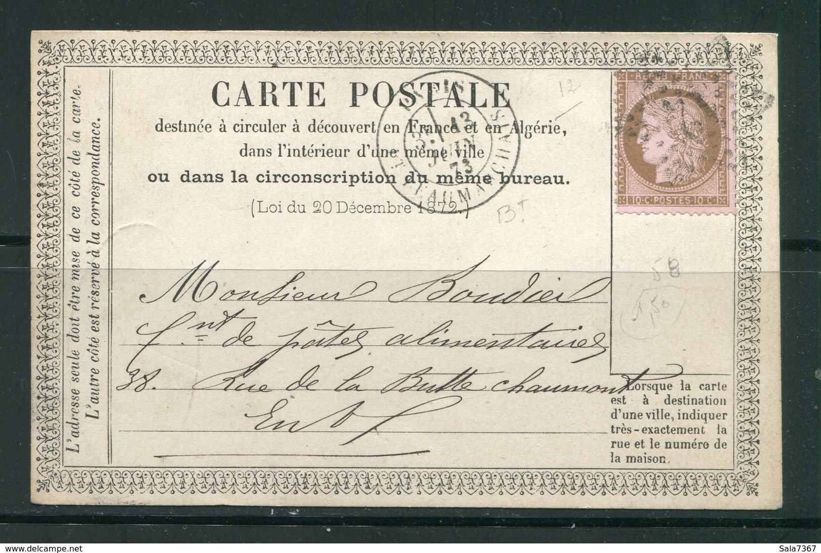 Carte Postale Du 13 Juin 1873, Y&T N°58- étoile De Paris N°12 - 1871-1875 Ceres