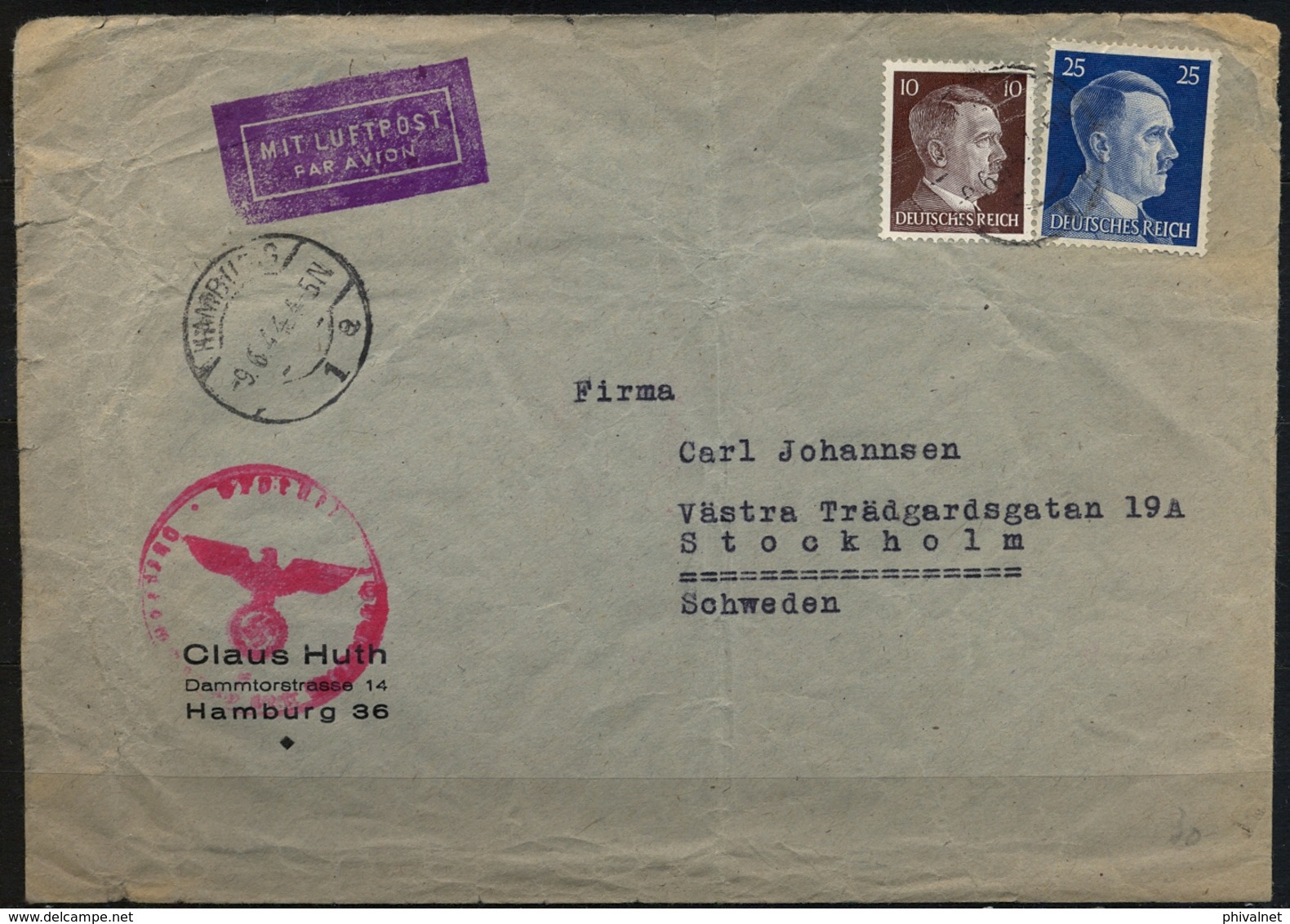 1944 , ALEMANIA , HAMBURGO - ESTOCOLMO , CENSURAS , CORREO AÉREO - Cartas & Documentos